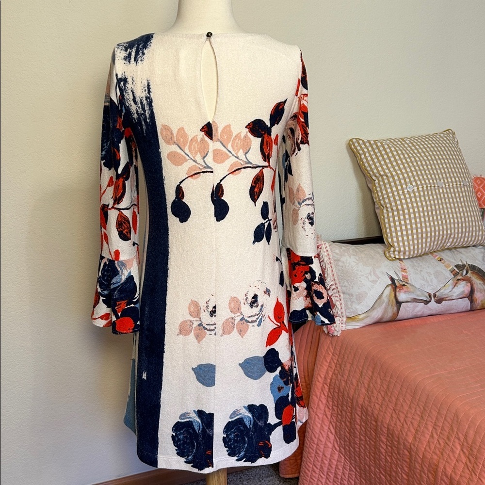 Maeve Anthropologie Bell Sleeve Floral Anthousai swing shift sweater dress sz XS - Picture 6 of 16